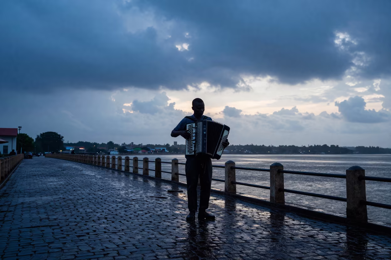 Accordion Player Silhouette on Benin Harbor Bridge in at a harbor edge in Benin City