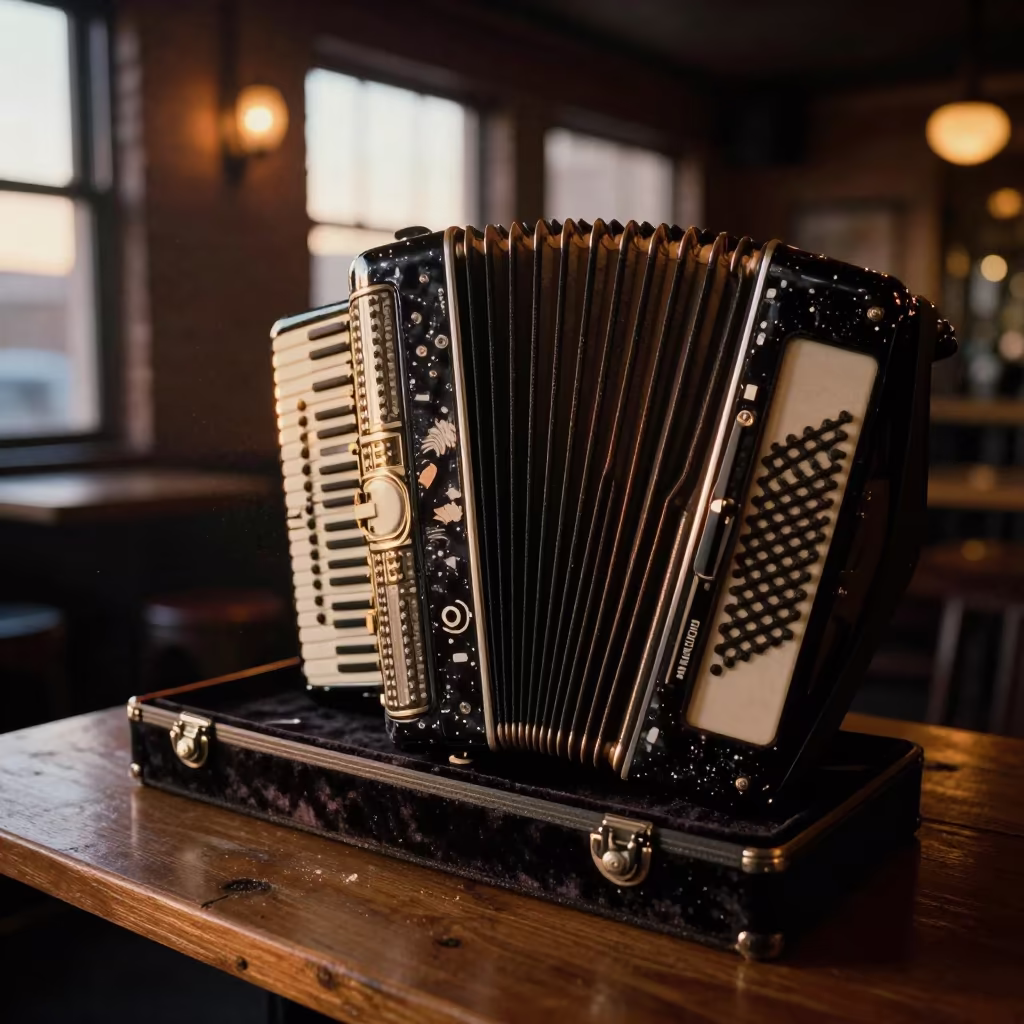 Accordion in Velvet Case Under Warm Jazz Club Light in at a jazz club in Edmonton
