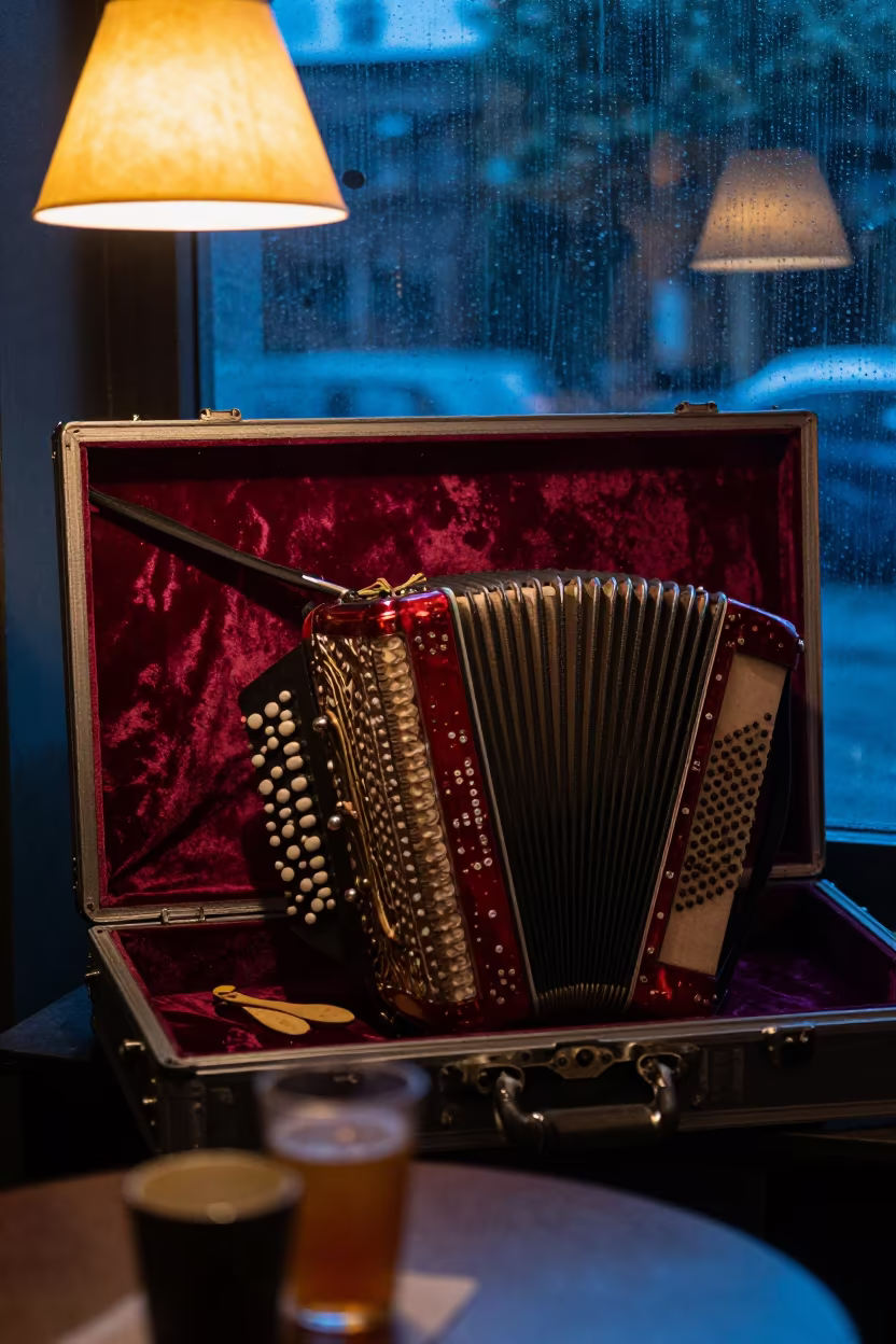 Accordion in Velvet Case Under Warm Rehearsal Lamps in at a jazz club in Urumqi