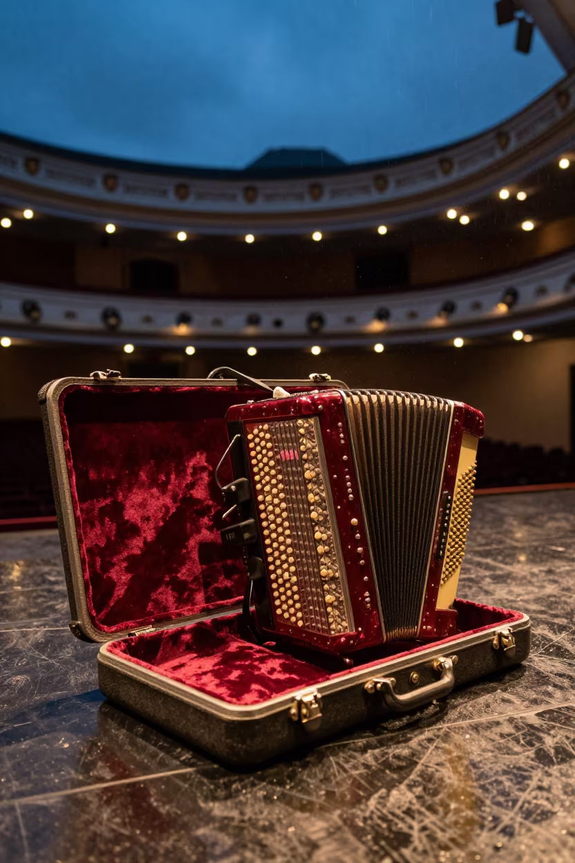 Accordion in velvet case under theater blue dusk light in on a theater stage in Cúcuta
