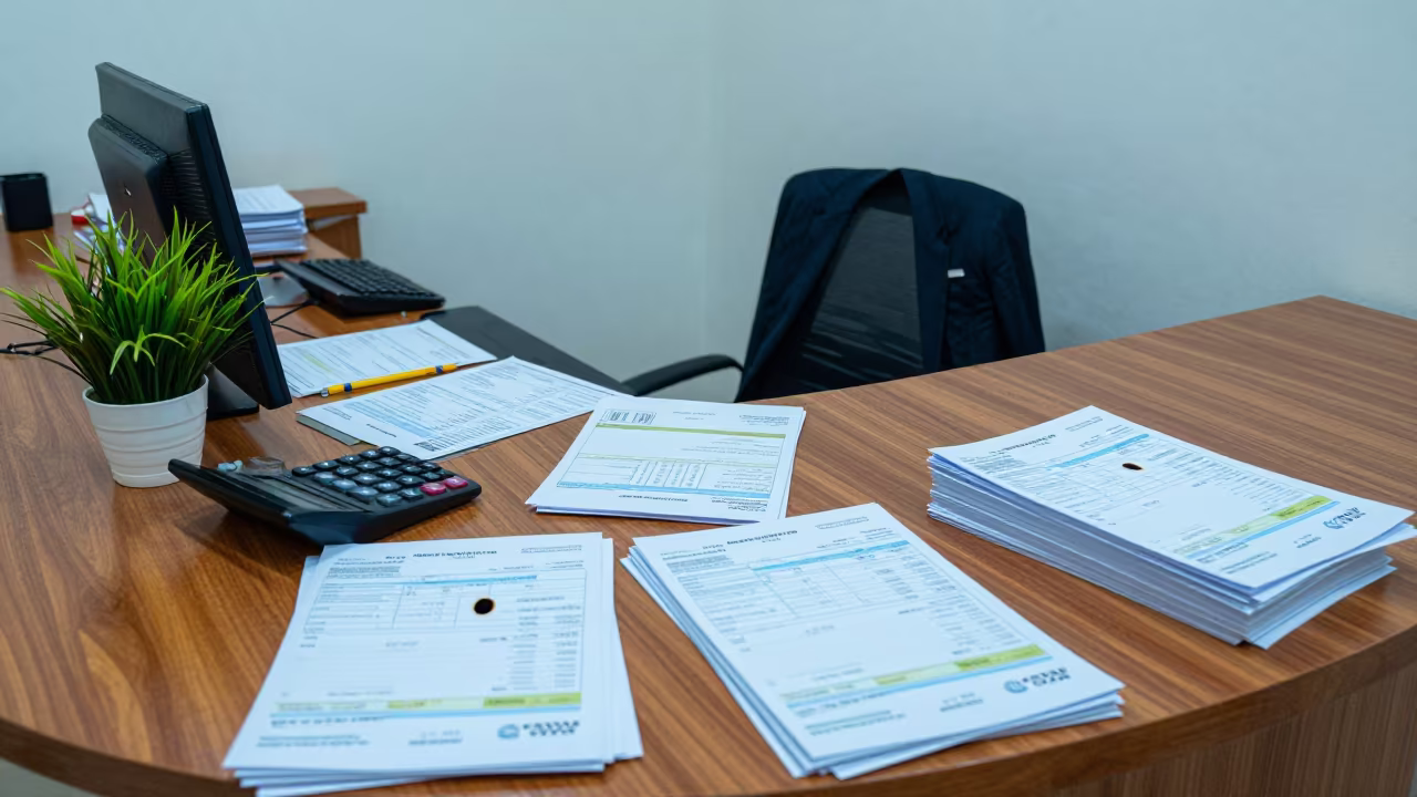 Accountant Desk With Invoices and Coffee Stains in at an office reception desk in Addis Ababa