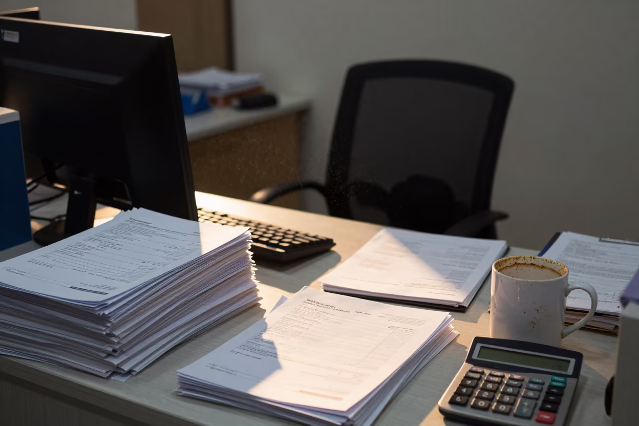 Accountant Desk With Invoices Under String Lights in in an operations center under monitor glow in Srinagar