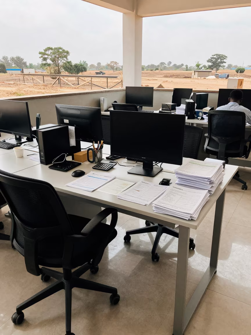Accountant Desk Stacks of Invoices Near Ogbomosho in inside a coworking floor near Ogbomosho
