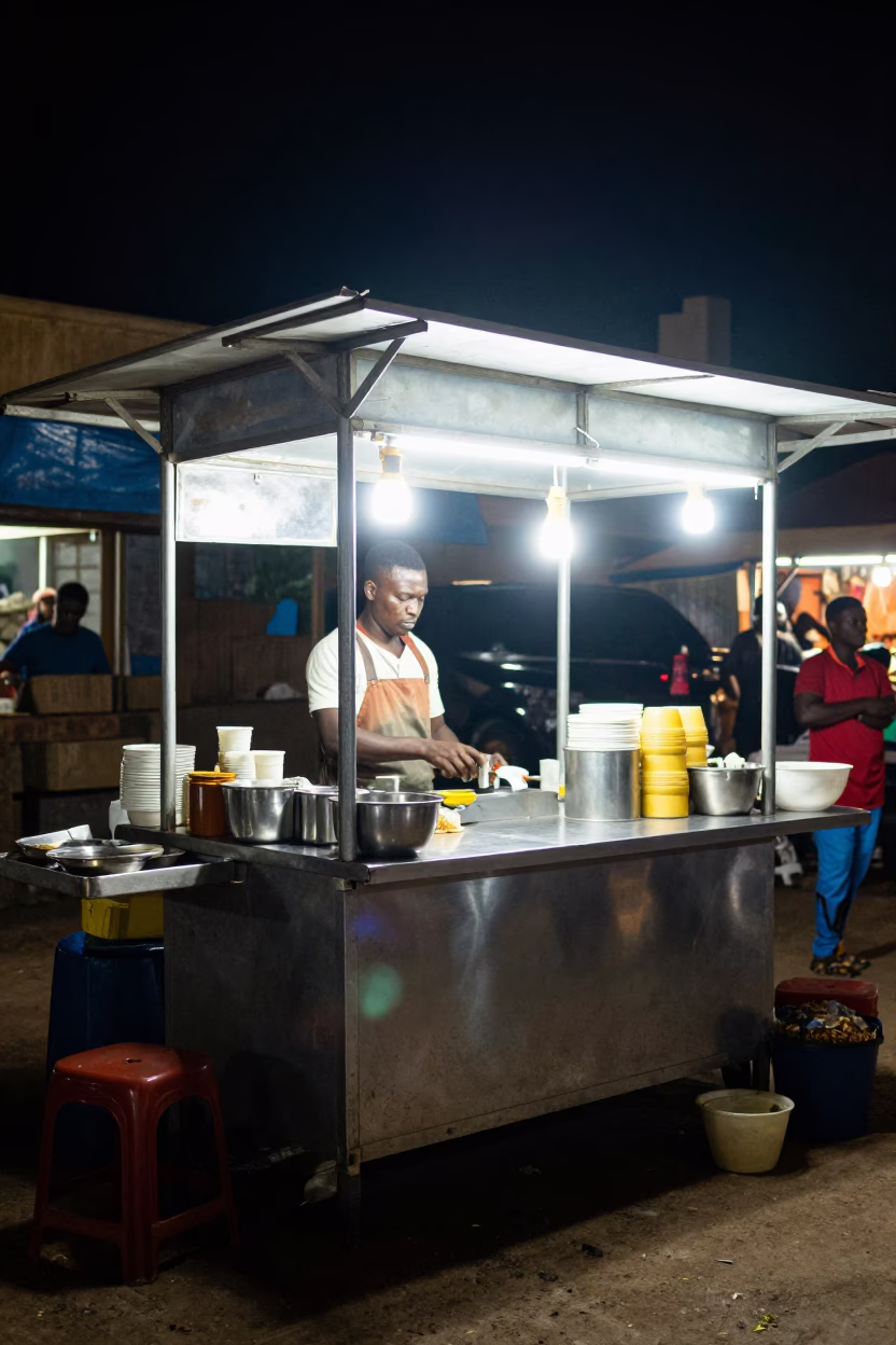 Accra Food Stall at Late At Night Light in in Accra, Ghana