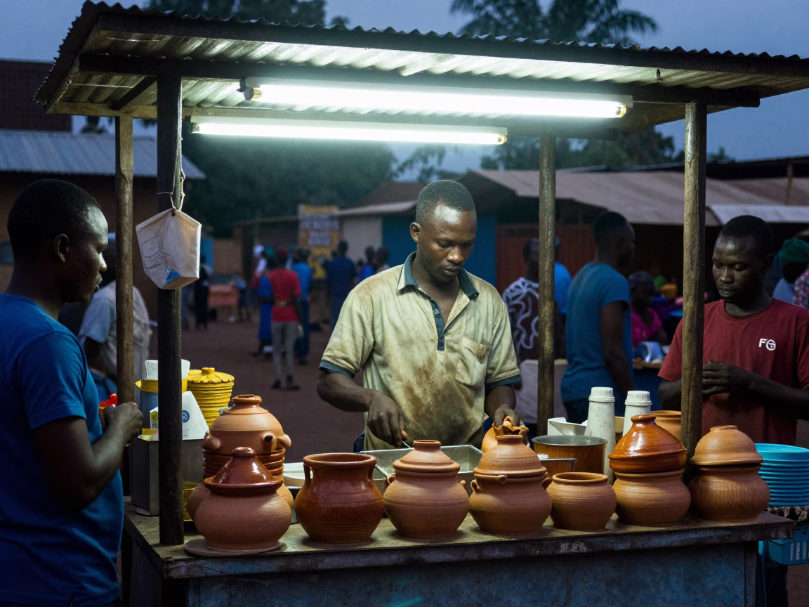 Accra Food Stall at Midnight Light in in Accra, Ghana