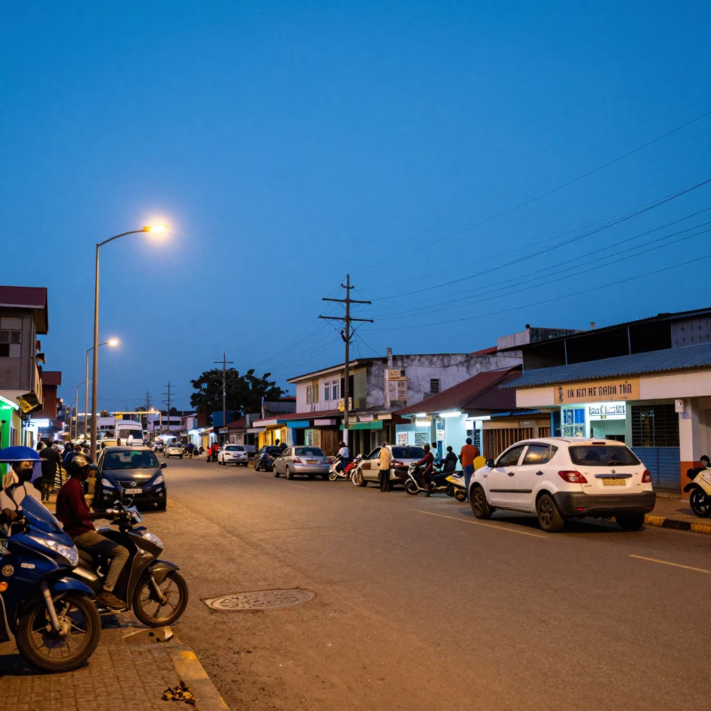Accra Ghana Blue Hour Street Scene with Ferry Ramp and Industrial Catenary System in in Accra, Ghana