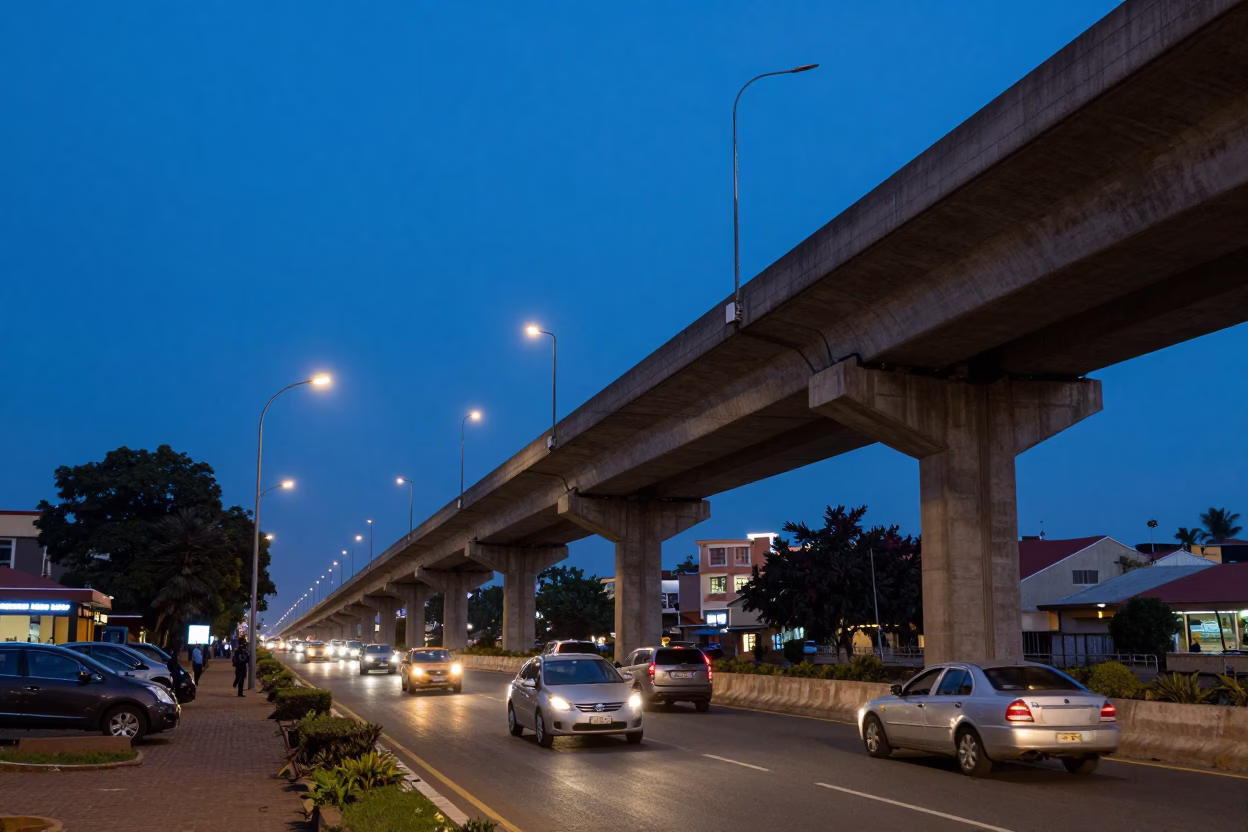 Accra Ghana Blue Hour Street Scene with Highway Flyover and Evening Traffic in in Accra, Ghana