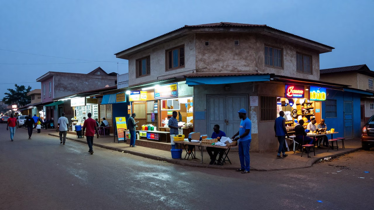 Accra Ghana Blue Hour Street Scene With Local Vendor And Folding Tables in in Accra, Ghana
