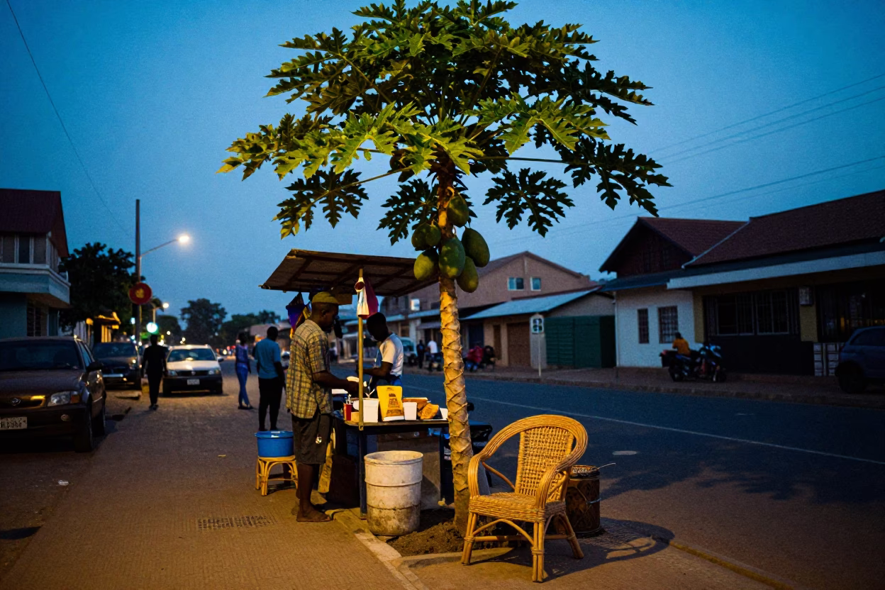 Accra Ghana Blue Hour Street Scene with Papaya Tree and Rattan Chair in in Accra, Ghana