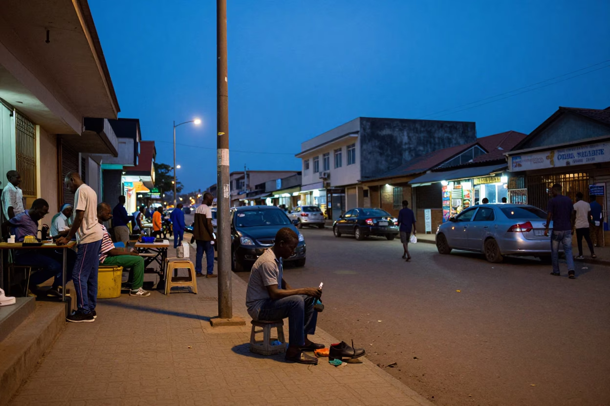Accra Ghana Blue Hour Street Scene with Shoe Brush and Local Commerce in in Accra, Ghana