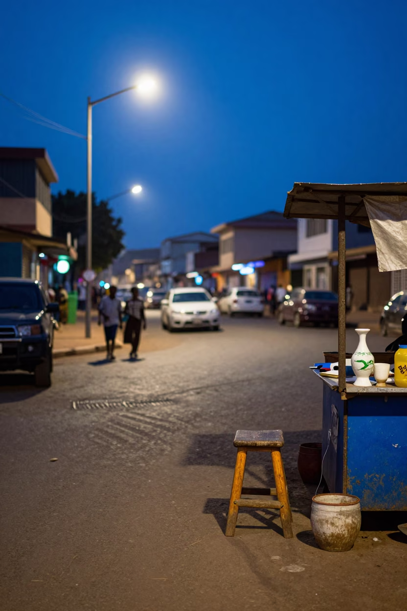 Accra Ghana Blue Hour Street Scene with Stool and Drinking Vessel in in Accra, Ghana