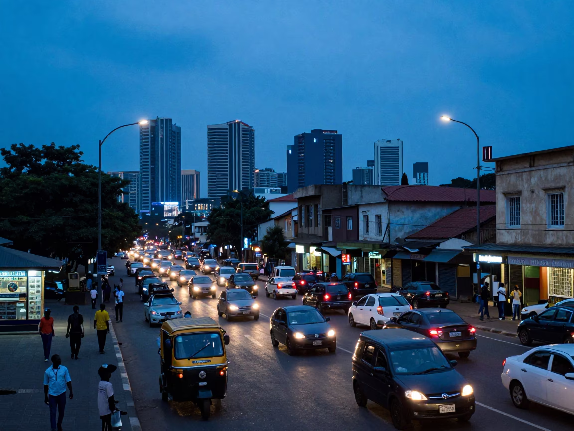 Accra Ghana Blue Hour Street Scene with Traffic and Urban Activity in in Accra, Ghana