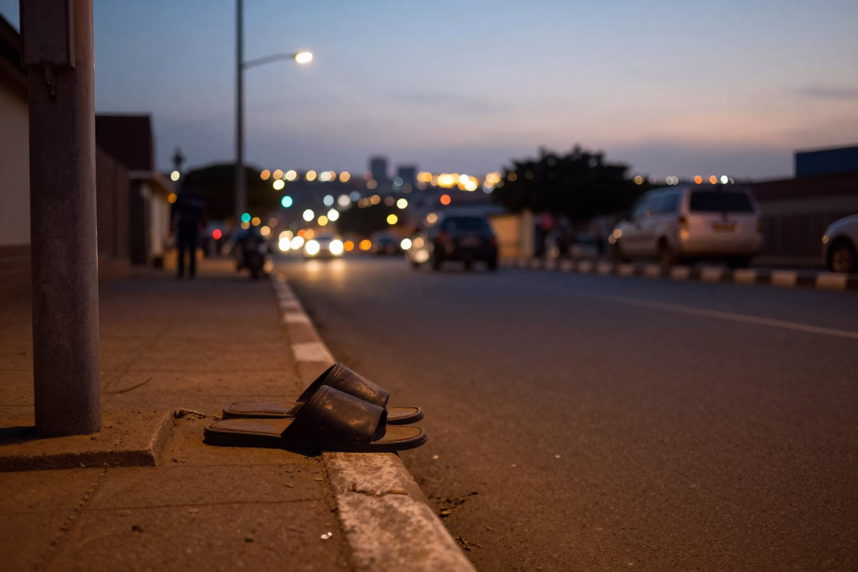 Accra Ghana City Lights Evening Street Scene with Slippers and Urban Life in in Accra, Ghana