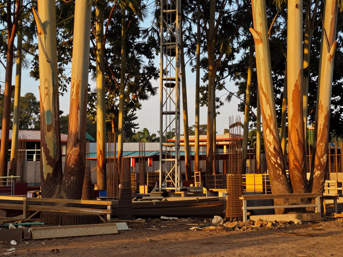 Accra Ghana Construction Site Evening Light Rebar and Eucalyptus Grove in in Accra, Ghana