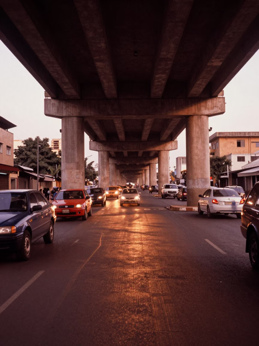 Accra Ghana copper dusk light flyover shadows and city street life in in Accra, Ghana