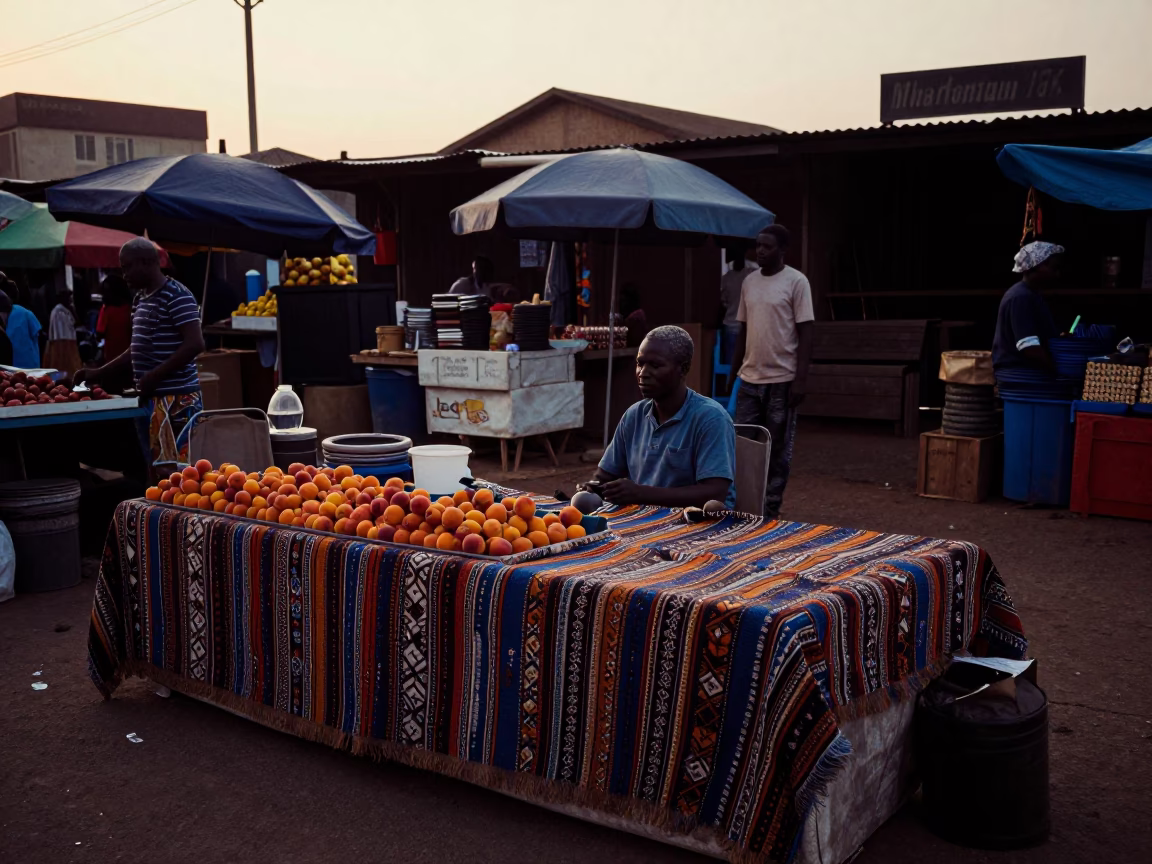Accra Ghana Dawn Market Vendor with Apricots and Blankets Before Sunrise in in Accra, Ghana