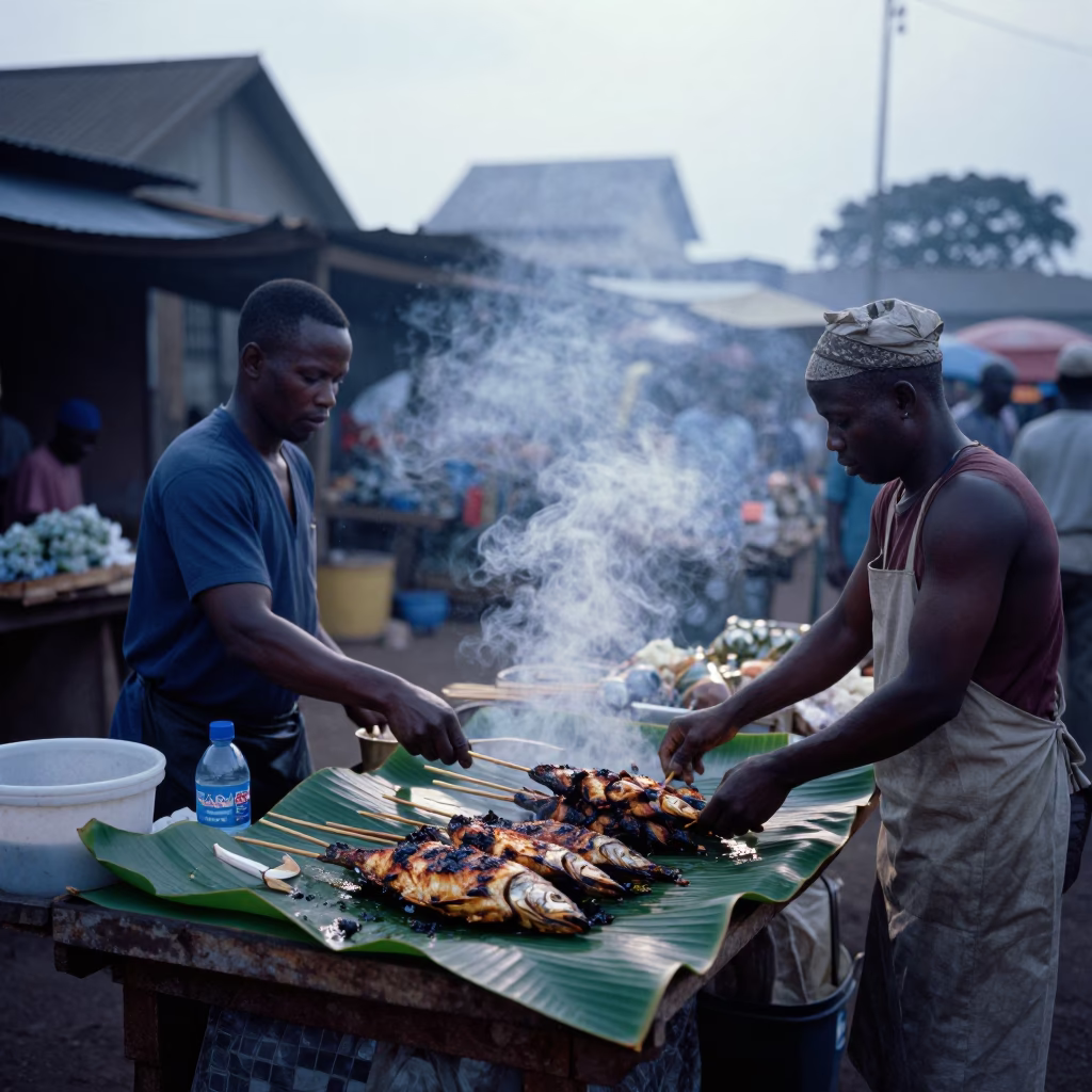 Accra Ghana Dawn Street Market Grilled Fish Banana Leaf Hydrangea Bush First Light in in Accra, Ghana