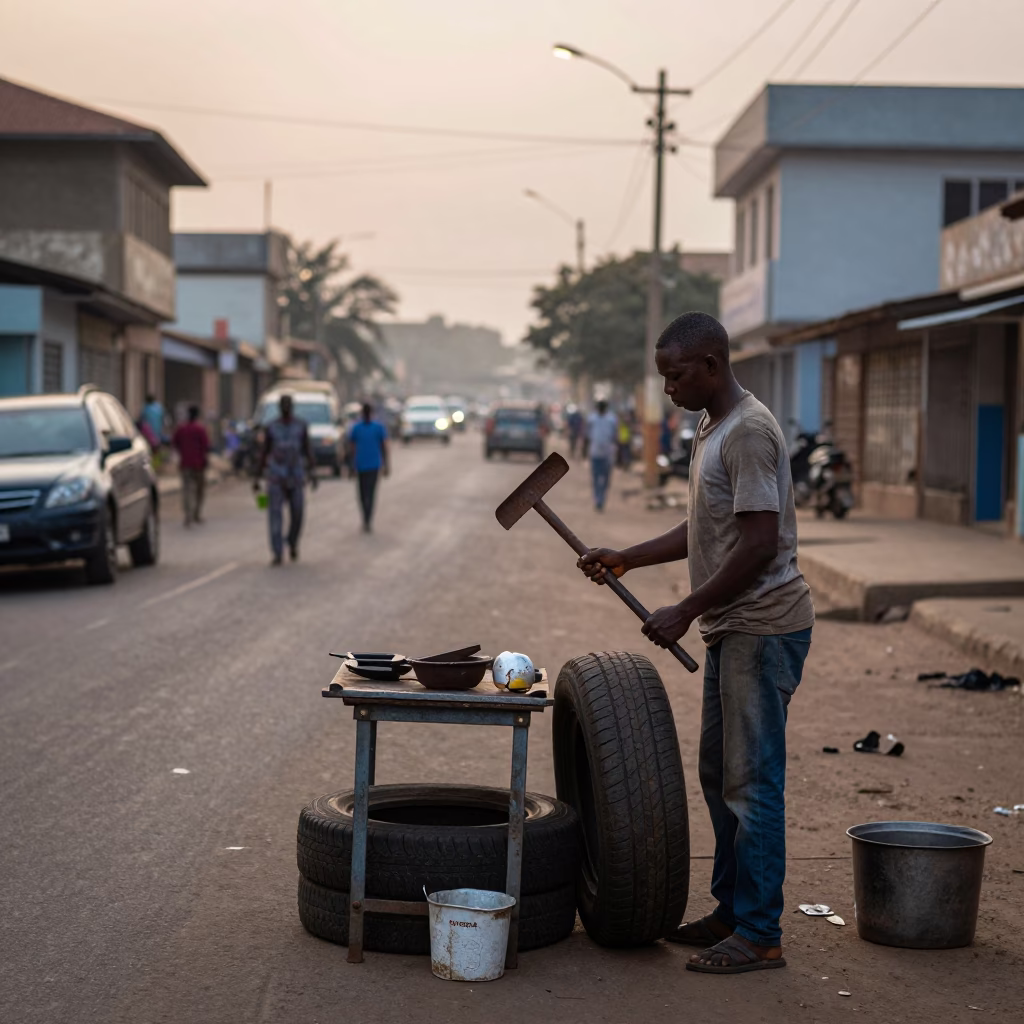 Accra Ghana Dawn Street Scene with Hand Tool and Local Interaction in in Accra, Ghana