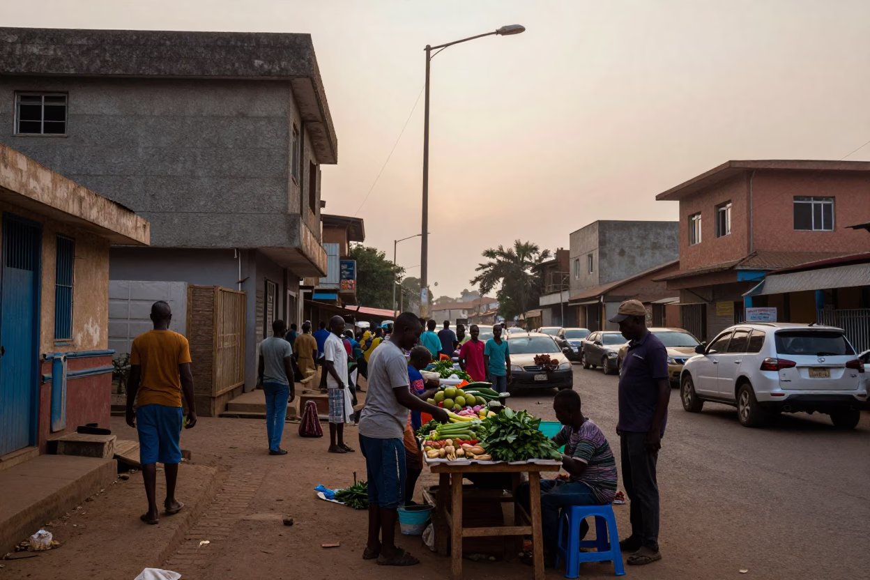 Accra Ghana Dawn Street Scene with Local Market Activity and Morning Light in in Accra, Ghana
