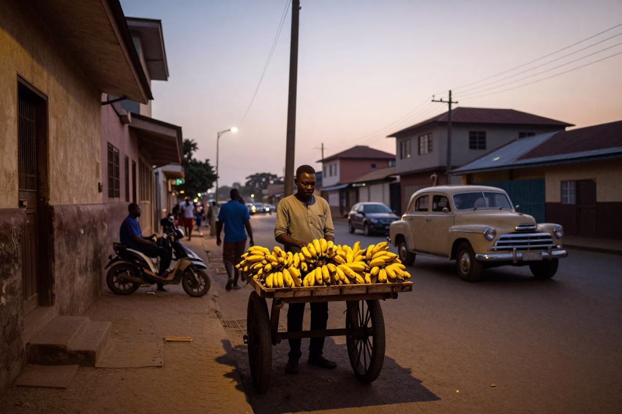Accra Ghana Dawn Street Scene with Local Vendor and Vintage Details in in Accra, Ghana