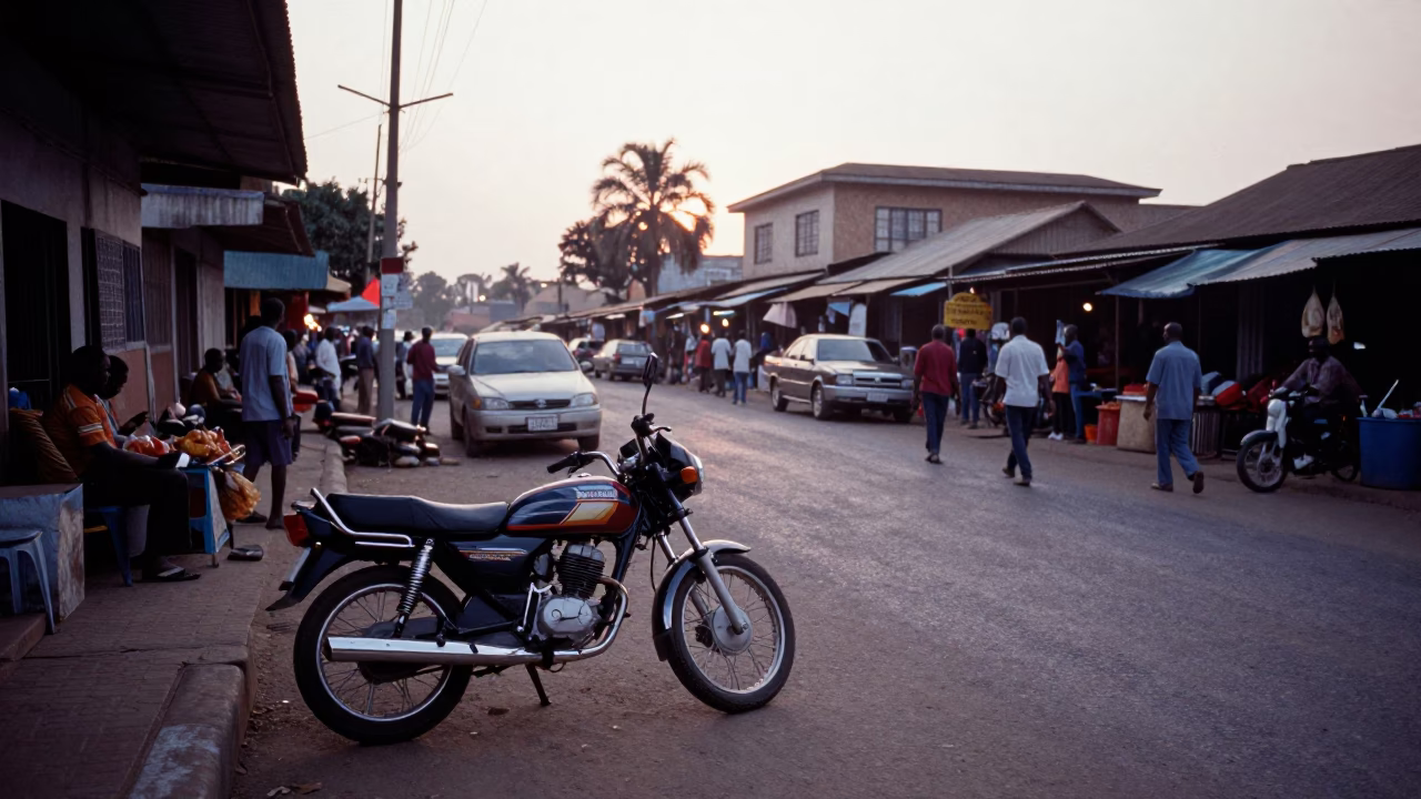 Accra Ghana Dawn Street Scene with Motorcycle and Local Market Activity in in Accra, Ghana