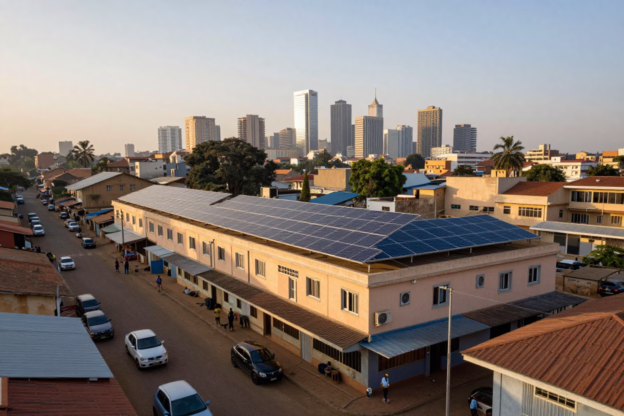 Accra Ghana Dawn Street Scene with Solar Panels and Local Market Activity in in Accra, Ghana