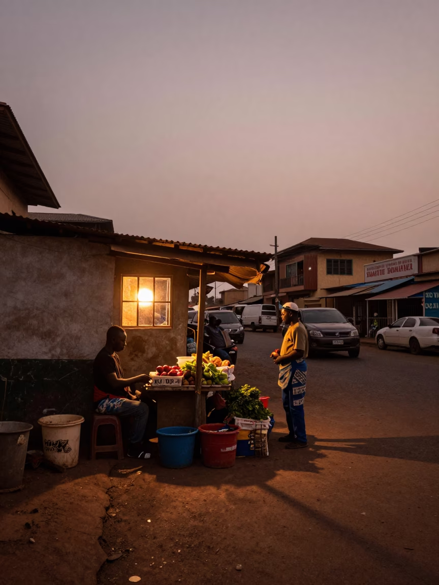 Accra Ghana Dusk Street Scene with Window Light and Local Commerce in in Accra, Ghana