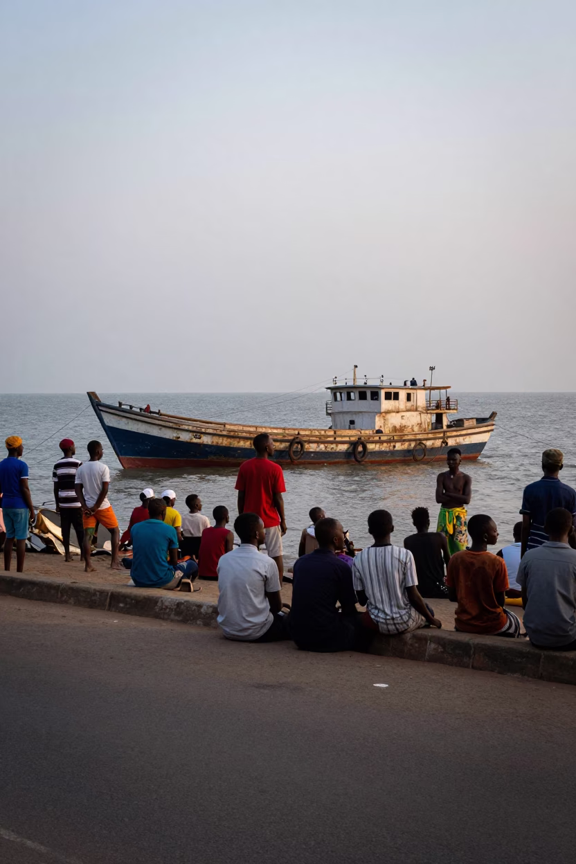 Accra Ghana Early Evening Street Scene with Junk Boat and Local Vendor in in Accra, Ghana