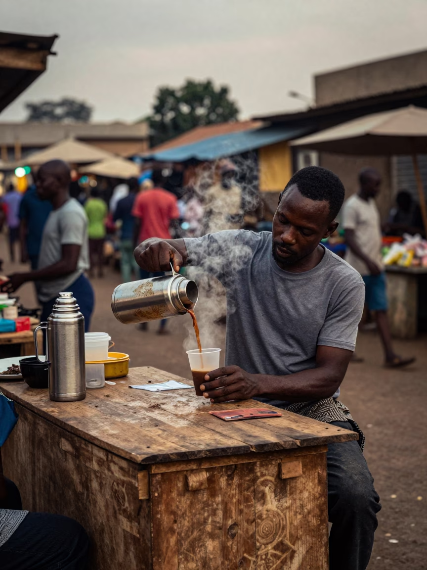 Accra Ghana Early Evening Street Scene with Thermos and Local Market Activity in in Accra, Ghana