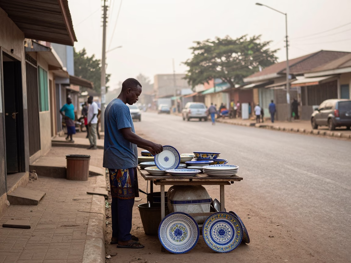 Accra Ghana Early Morning Street Scene with Vintage Majolica Plate and Local Market Activity in in Accra, Ghana