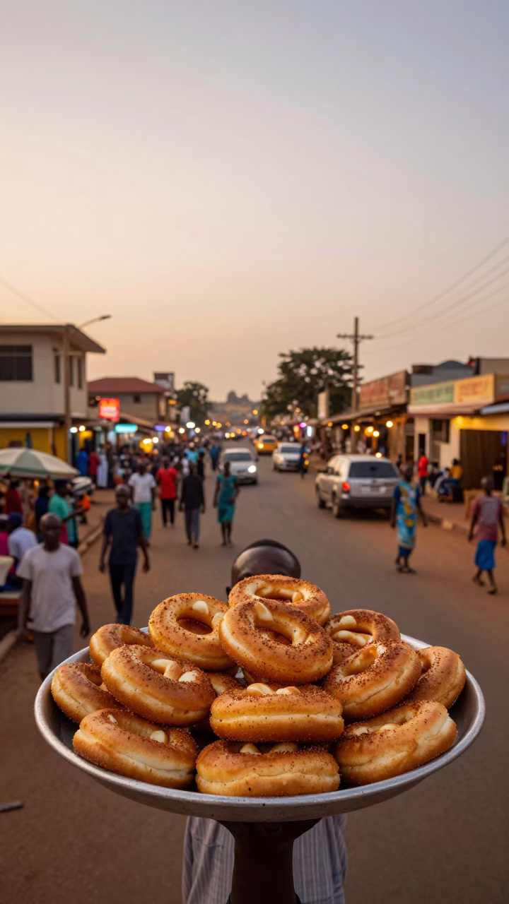 Accra Ghana Evening Horizon Shot with Mandazi Tray and Local Street Scene in in Accra, Ghana