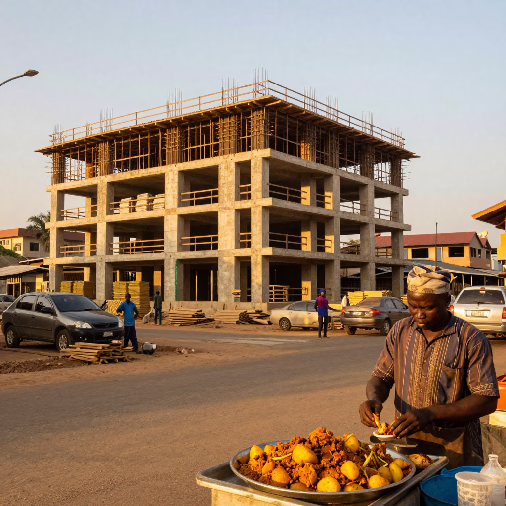 Accra Ghana Evening Light Construction Site and Street Food Vendor with Curry in in Accra, Ghana