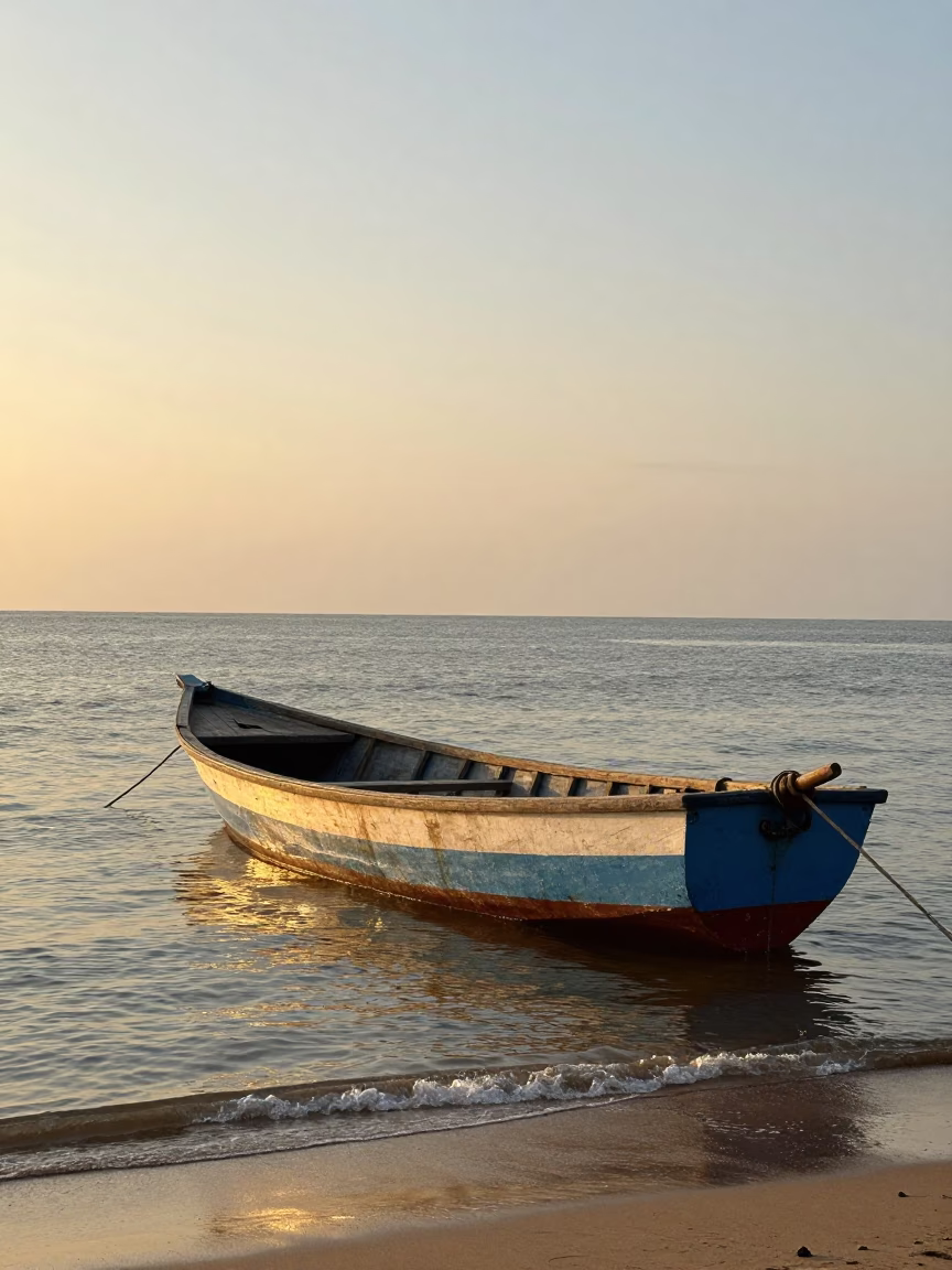 Accra Ghana Evening Light Wooden Fishing Boat at Anchor Coastal Scene in in Accra, Ghana