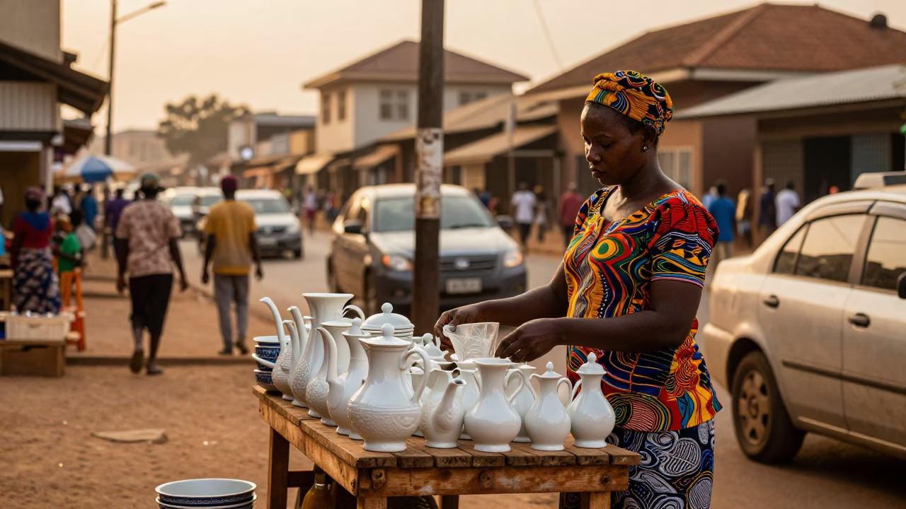 Accra Ghana Evening Street Life with Porcelain and Glass Pitcher in in Accra, Ghana