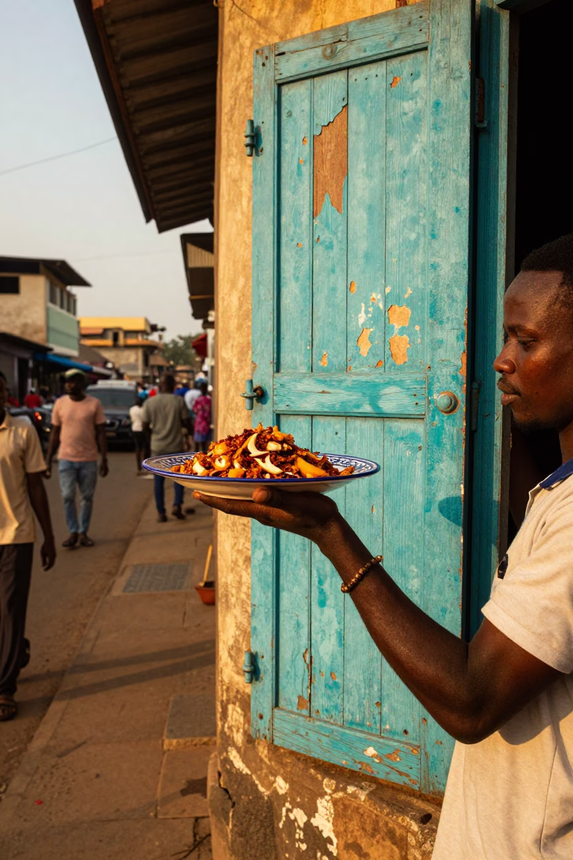 Accra Ghana Evening Street Scene Peeling Turquoise Paint Vintage Plate and Chaat in in Accra, Ghana