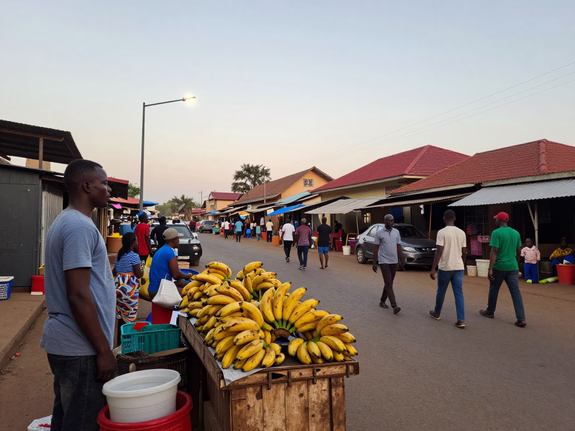 Accra Ghana Evening Street Scene with Bananas and Local Commerce in in Accra, Ghana