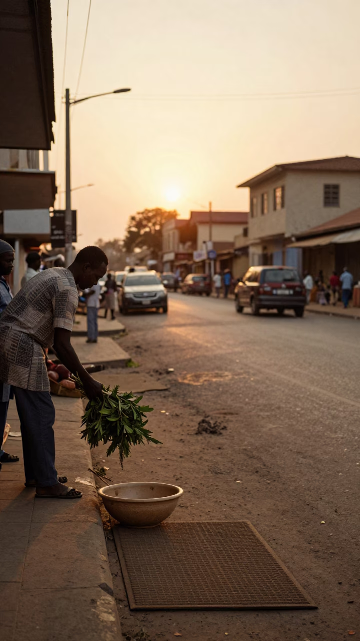 Accra Ghana Evening Street Scene with Bowl and Doormat in in Accra, Ghana