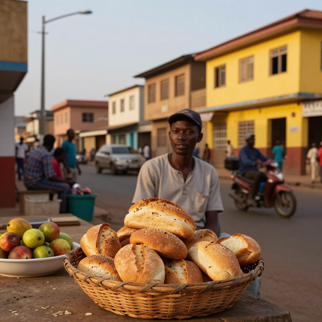 Accra Ghana Evening Street Scene with Bread and Fruit Bowl in in Accra, Ghana