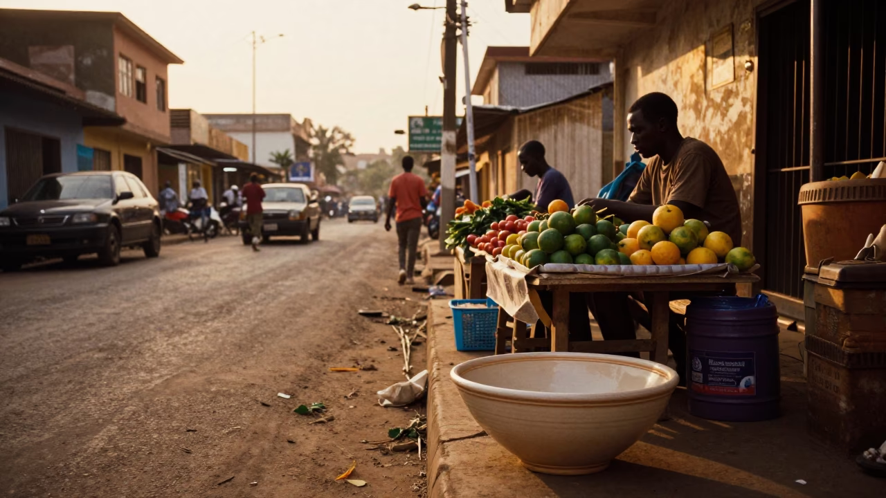 Accra Ghana Evening Street Scene with Ceramic Bowl and Citrus Peel in Honeyed Light in in Accra, Ghana