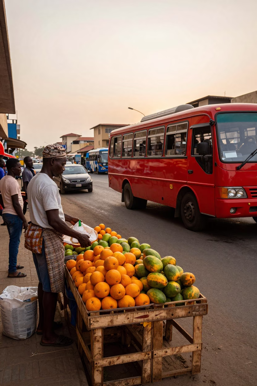 Accra Ghana Evening Street Scene with Fruit Vendor and Local Traffic in in Accra, Ghana