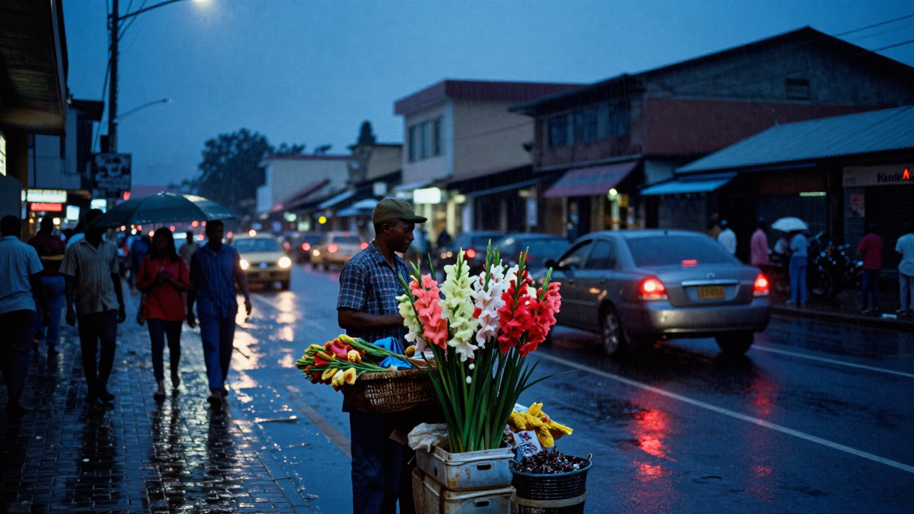 Accra Ghana Evening Street Scene with Gladiolus Vendor and Taillight Glow in in Accra, Ghana