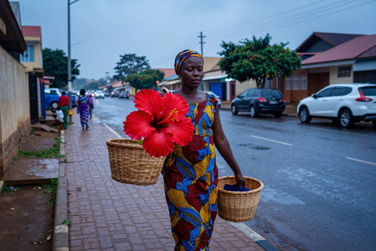 Accra Ghana Evening Street Scene with Hibiscus Flower and Rain Boots in in Accra, Ghana