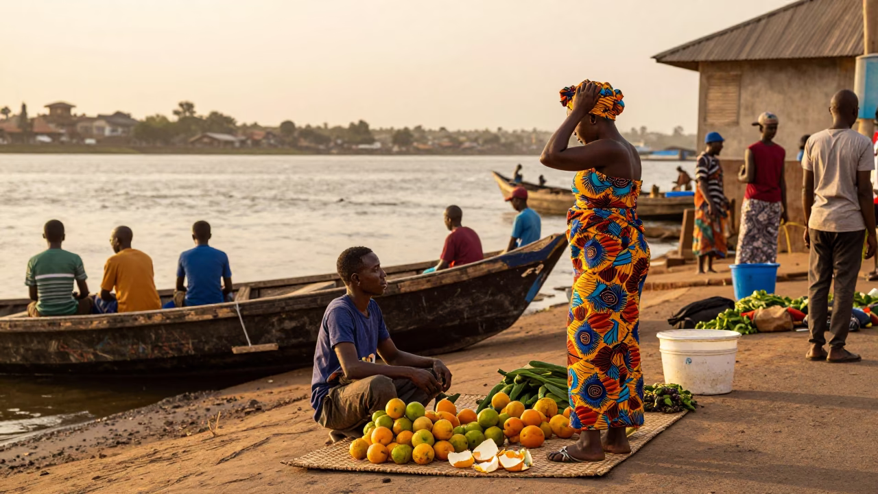 Accra Ghana Evening Street Scene with Junk Boat and Local Market Life in in Accra, Ghana