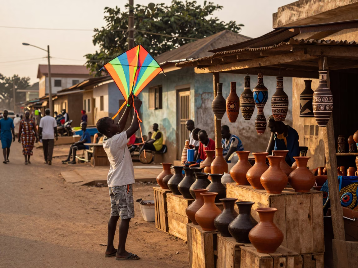 Accra Ghana Evening Street Scene with Local Artisans and Traditional Clay Pots in in Accra, Ghana