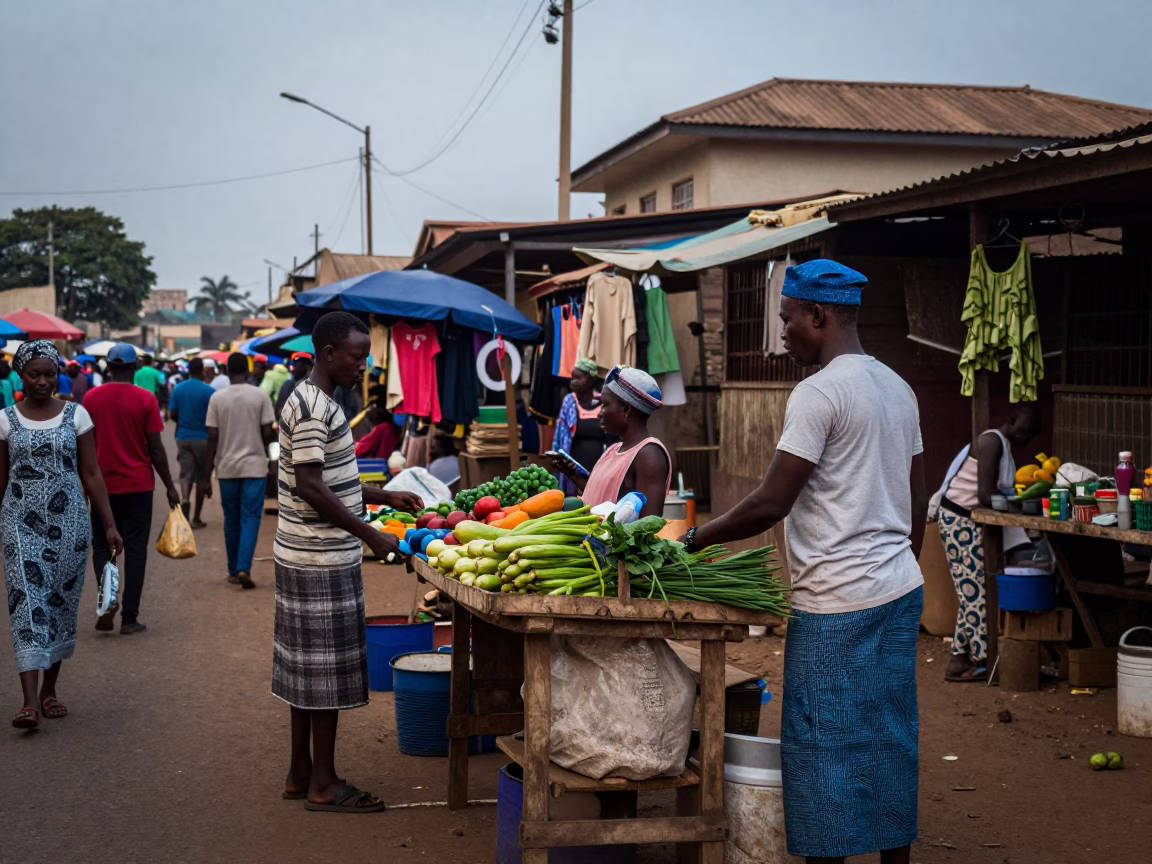 Accra Ghana Evening Street Scene with Local Market Vendor and Traditional Elements in in Accra, Ghana