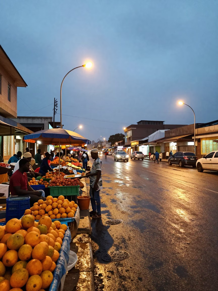 Accra Ghana Evening Street Scene with Oranges and Local Market Life in in Accra, Ghana