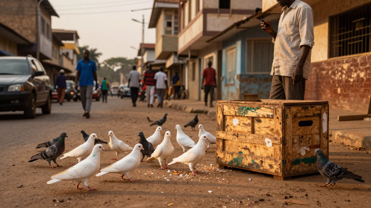 Accra Ghana Evening Street Scene with Pigeons and Painted Crate in in Accra, Ghana