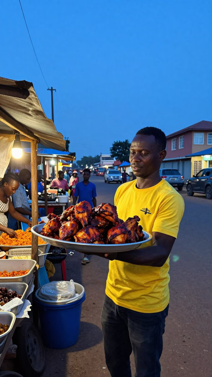 Accra Ghana Evening Street Scene with Platter of Jerk Chicken and Rice in in Accra, Ghana