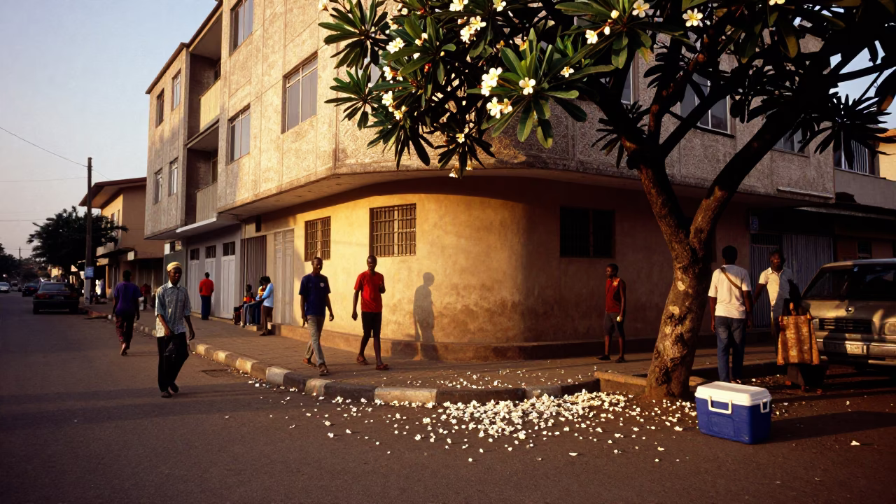 Accra Ghana Evening Street Scene with Plumeria Petals and Cooler Jug in in Accra, Ghana