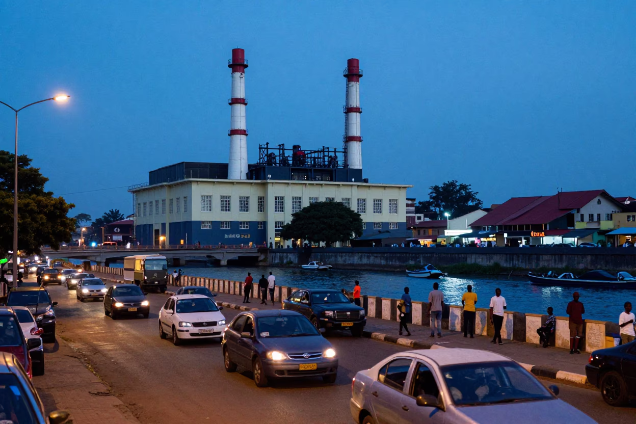 Accra Ghana Evening Street Scene with Pumping Station and Canal Water Management in in Accra, Ghana
